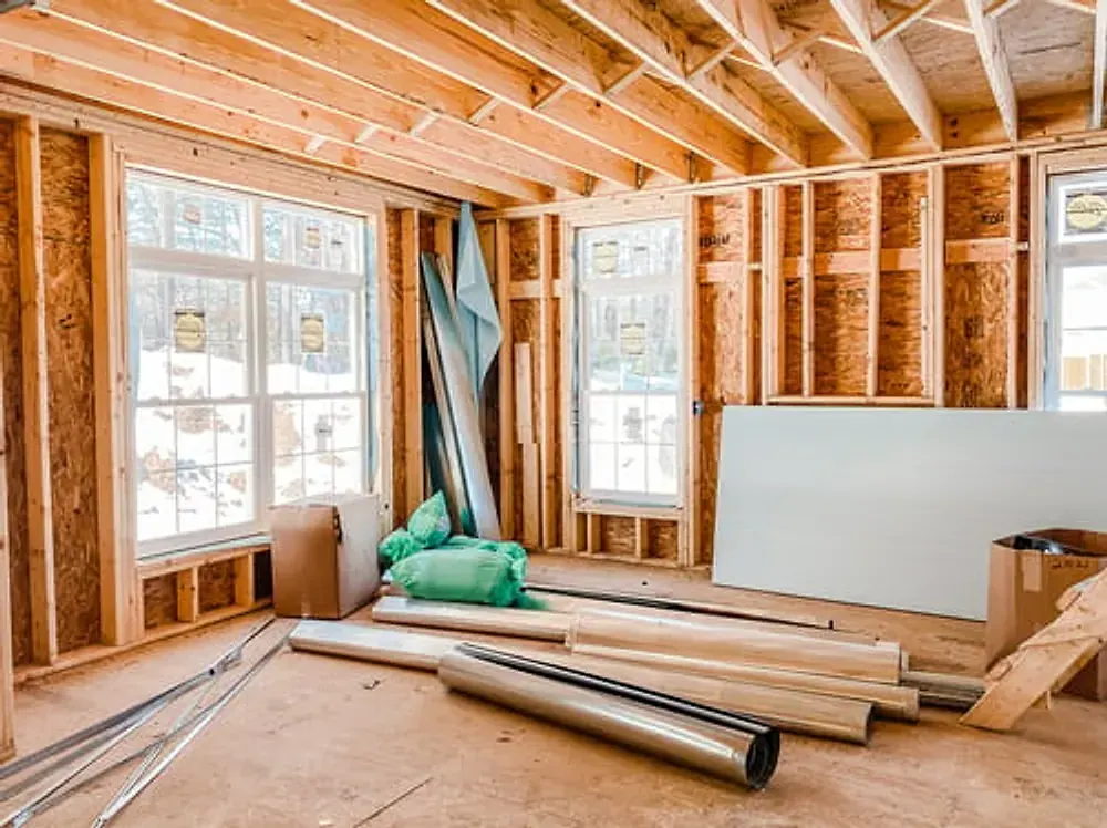Framed interior of a new accessory dwelling unit under construction in Solano County, CA