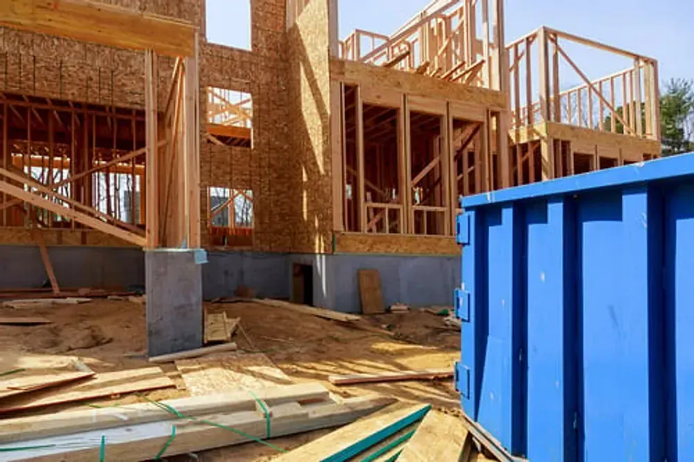 Wood-framed new construction under way at a residential building site in Solano County, CA