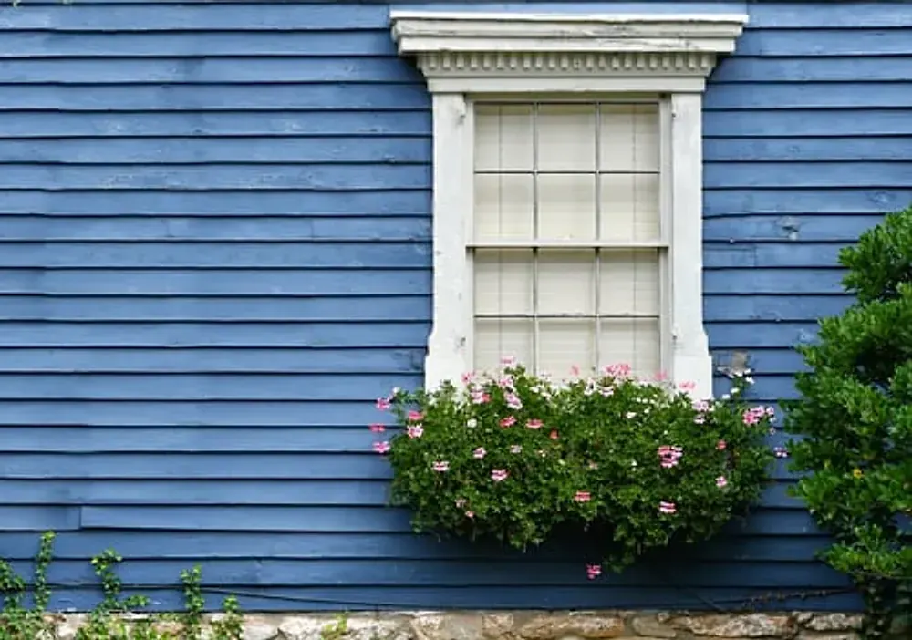 Blue painted clapboard siding with white window trim and a flower box on a Northern California home