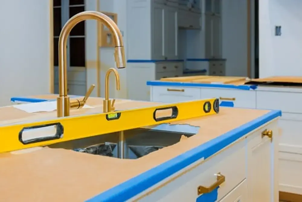 Kitchen remodel in progress with a new sink, faucet and protected countertops