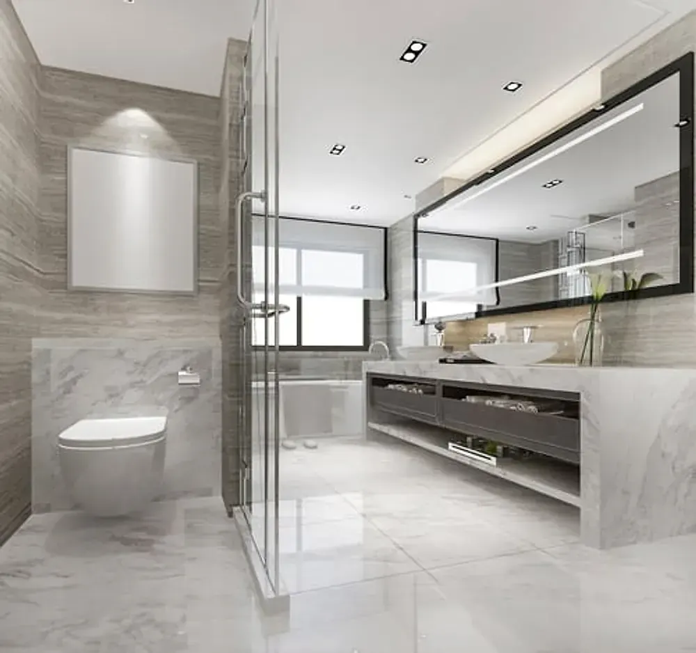 Modern remodeled bathroom with tile flooring and a glass walk-in shower in Vacaville, CA